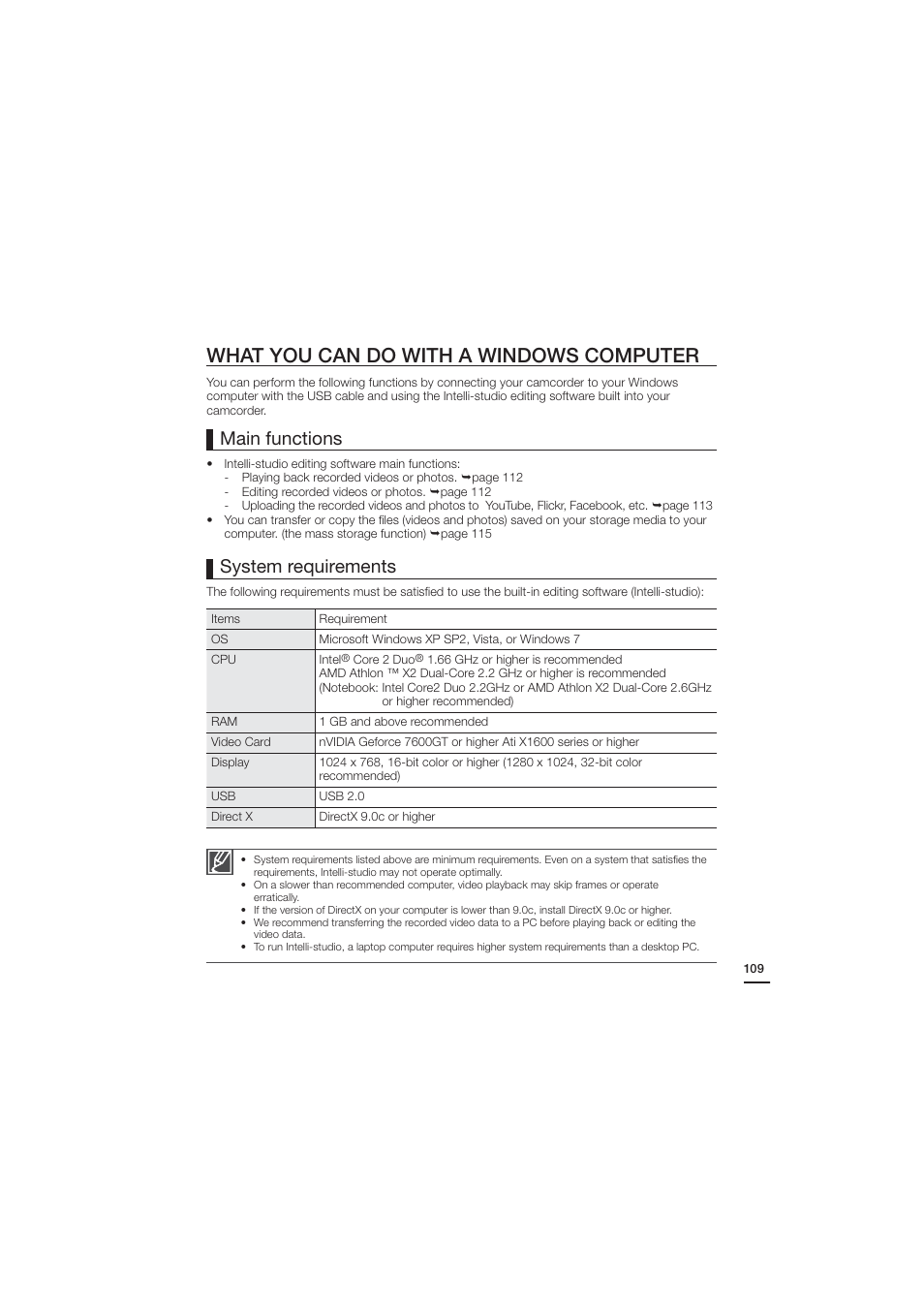 What you can do with a windows computer, System requirements, Main functions | Samsung HMX-H204BN User Manual | Page 121 / 145