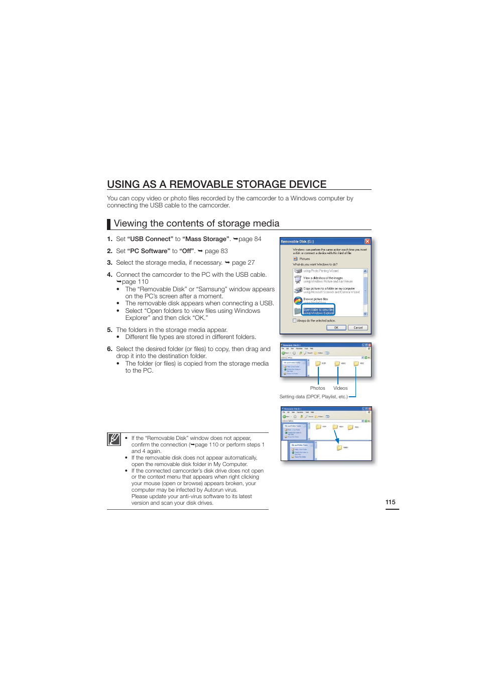 Using as a removable storage device, Viewing the contents of storage media | Samsung HMX-H204BN User Manual | Page 127 / 145