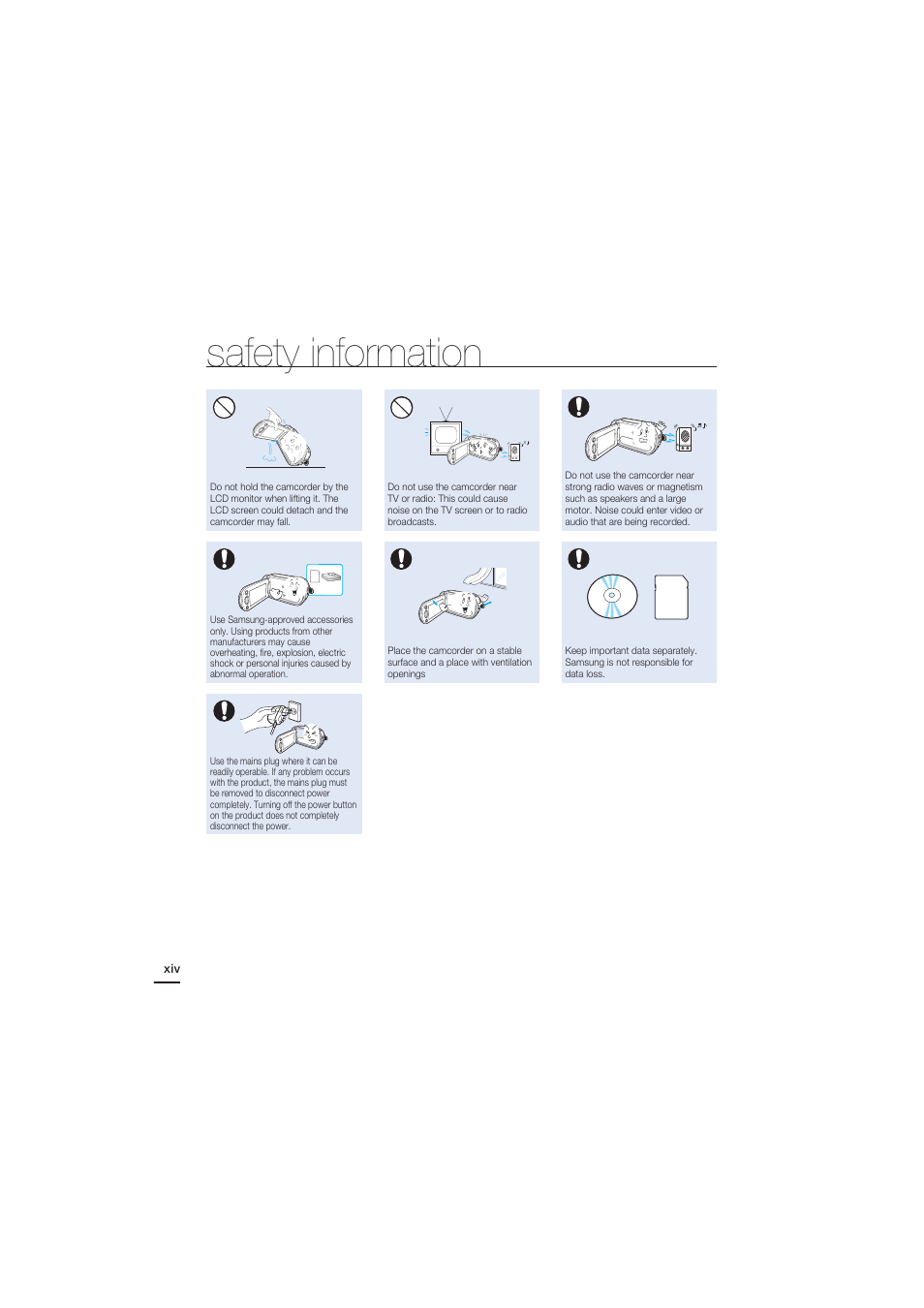 Safety information | Samsung HMX-H204BN User Manual | Page 14 / 145