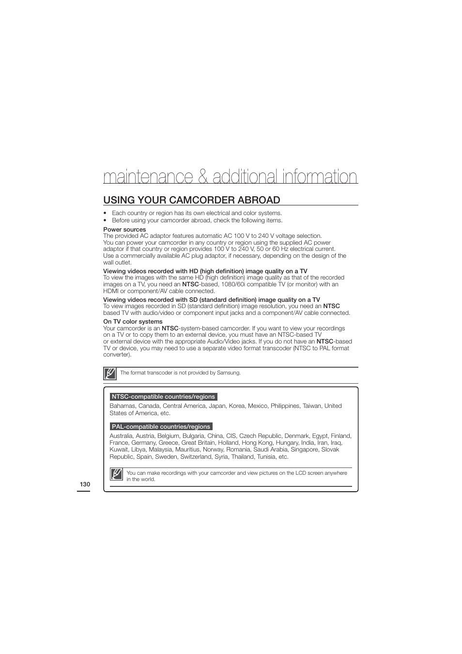 Using your camcorder abroad, Maintenance & additional information | Samsung HMX-H204BN User Manual | Page 142 / 145