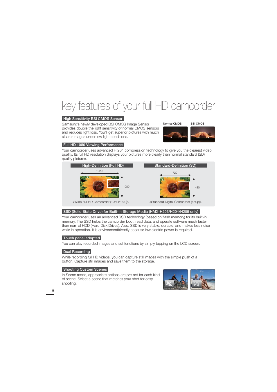 Key features of your full hd camcorder | Samsung HMX-H204BN User Manual | Page 2 / 145