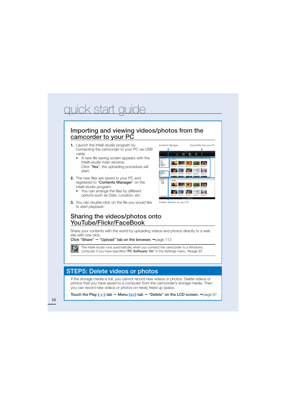 Quick start guide, Step5: delete videos or photos | Samsung HMX-H204BN User Manual | Page 22 / 145