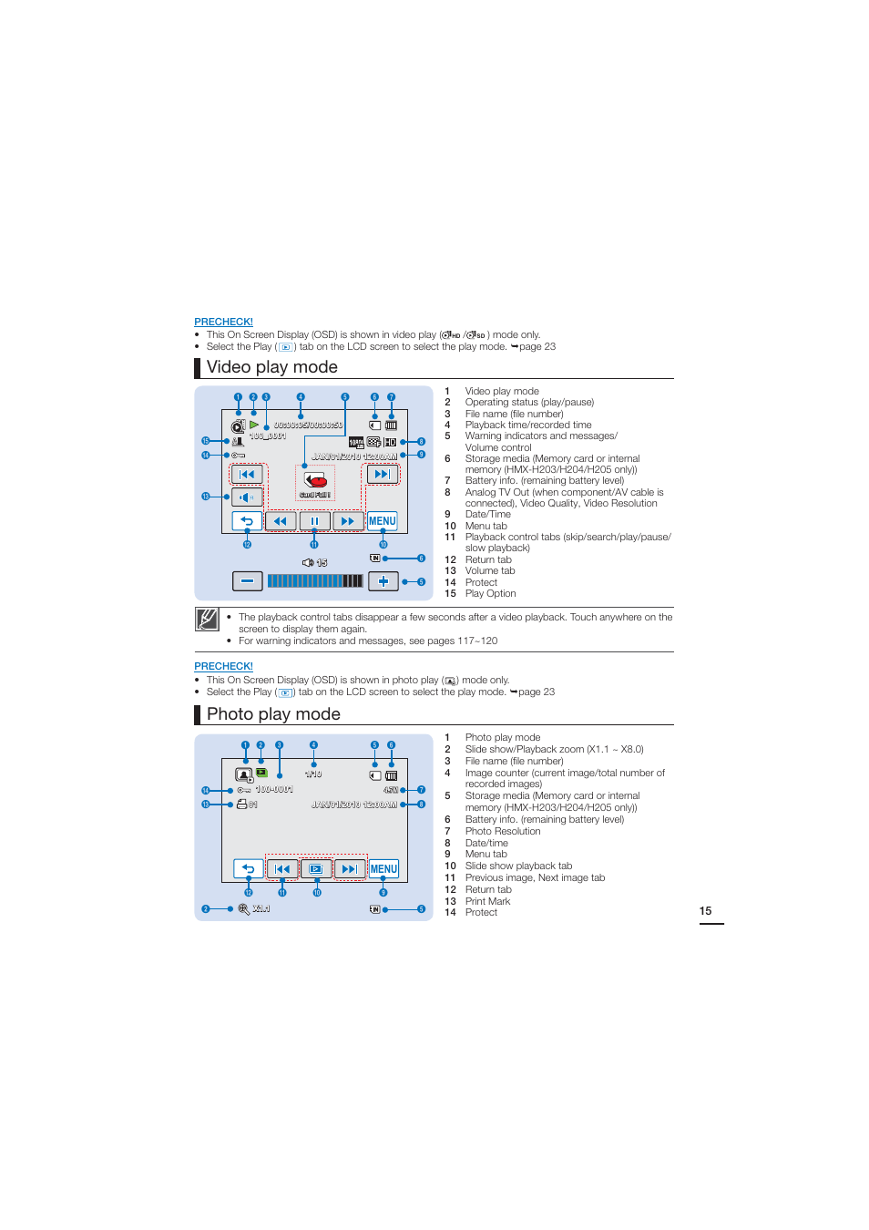 Video play mode, Photo play mode | Samsung HMX-H204BN User Manual | Page 27 / 145