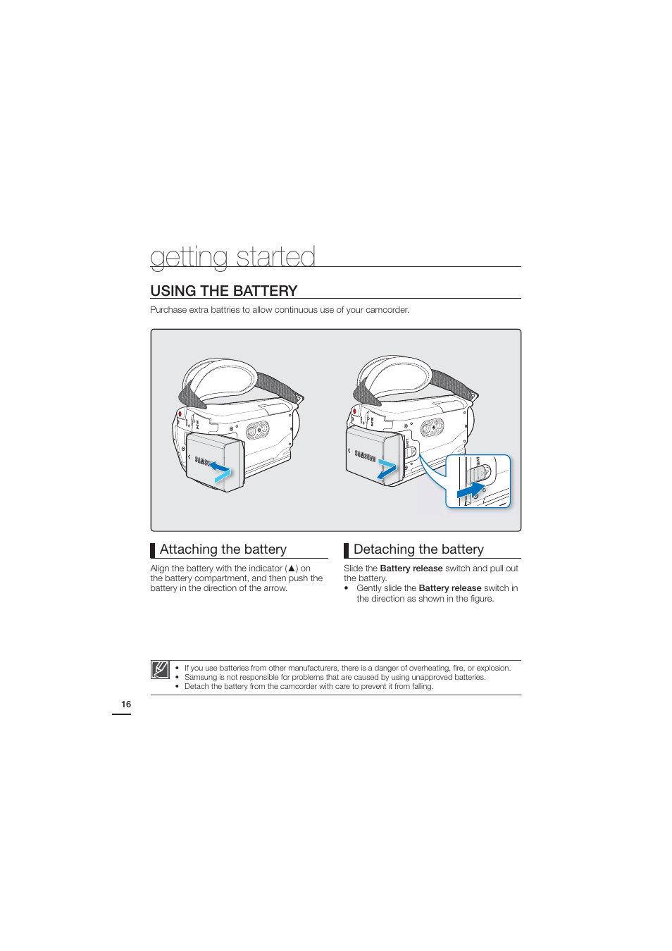 Getting started, Using the battery | Samsung HMX-H204BN User Manual | Page 28 / 145