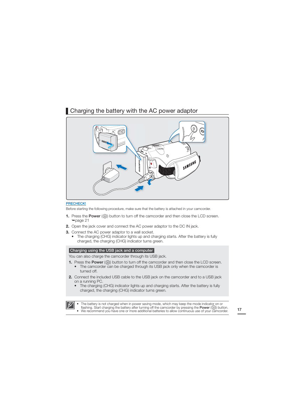 Charging the battery with the ac power adaptor | Samsung HMX-H204BN User Manual | Page 29 / 145