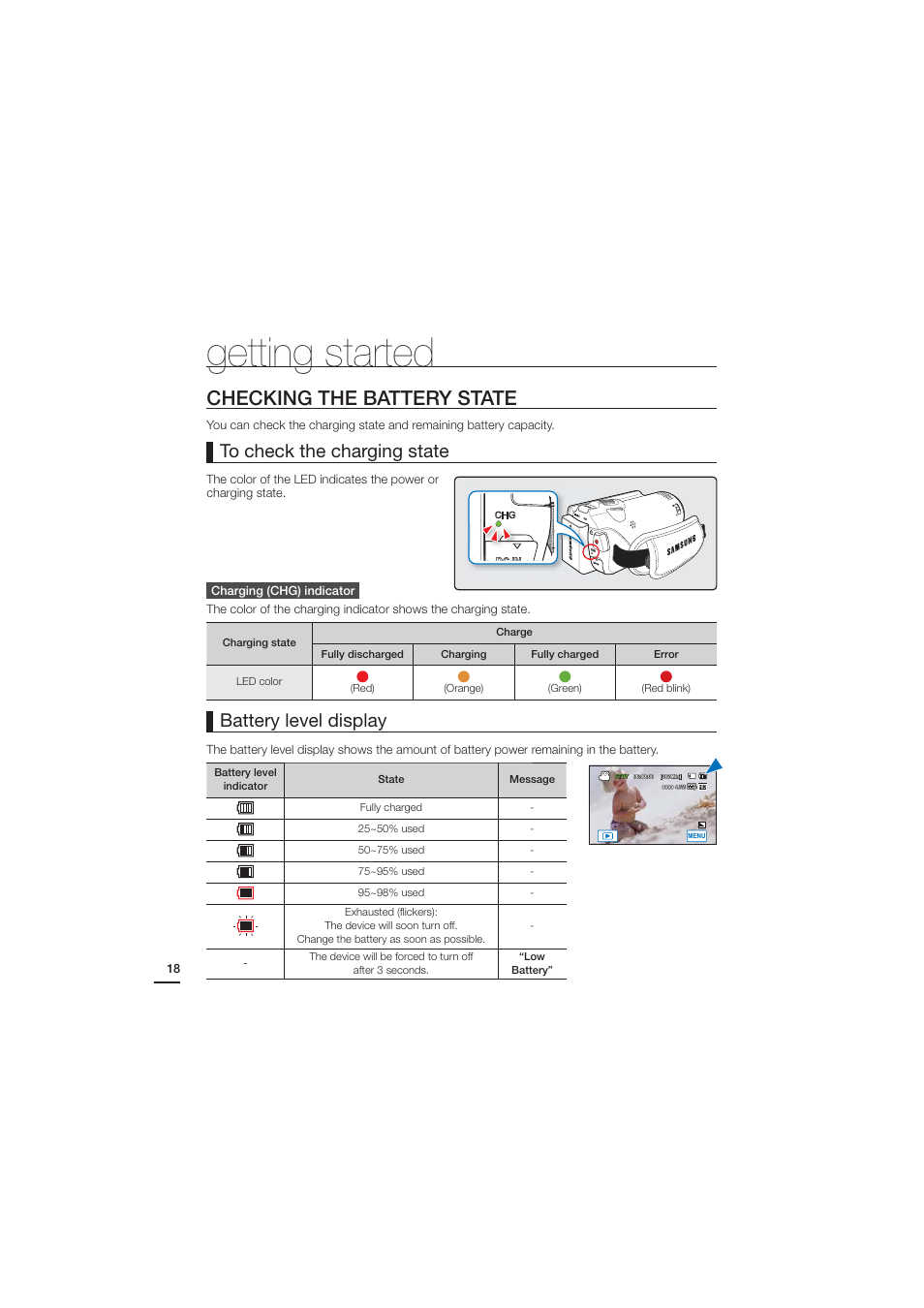 Checking the battery state, Getting started | Samsung HMX-H204BN User Manual | Page 30 / 145