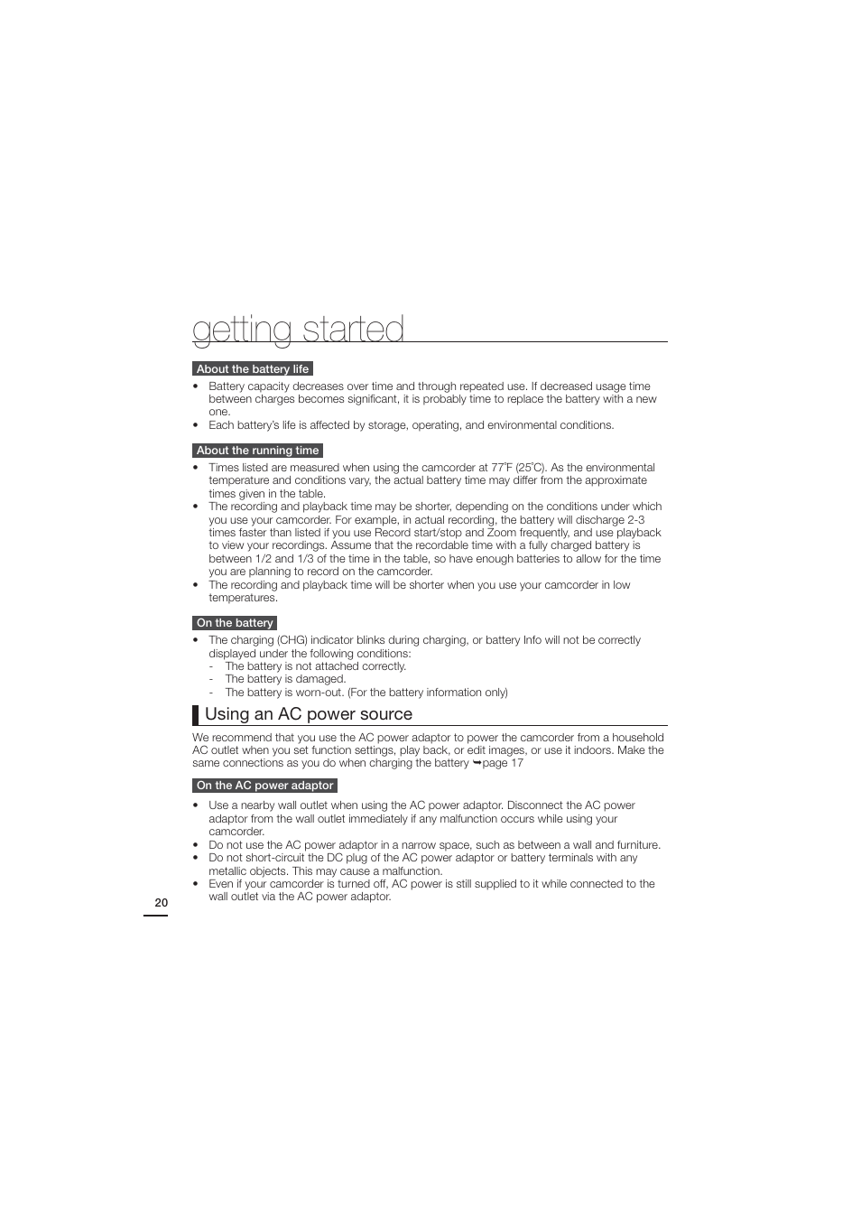 Getting started, Using an ac power source | Samsung HMX-H204BN User Manual | Page 32 / 145