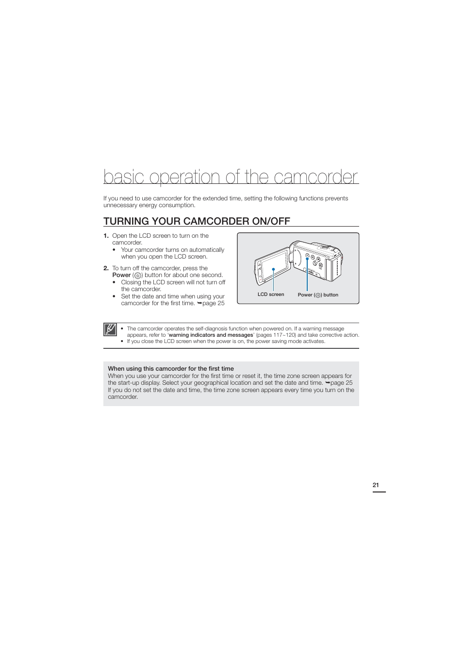 Basic operation of the camcorder, Turning your camcorder on/off | Samsung HMX-H204BN User Manual | Page 33 / 145