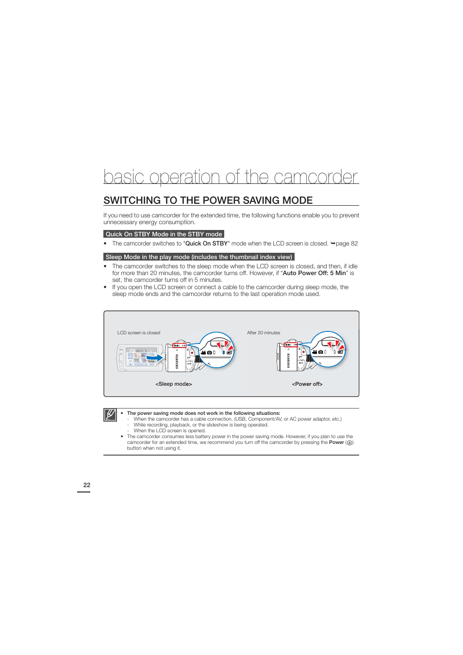 Switching to the power saving mode, Basic operation of the camcorder | Samsung HMX-H204BN User Manual | Page 34 / 145