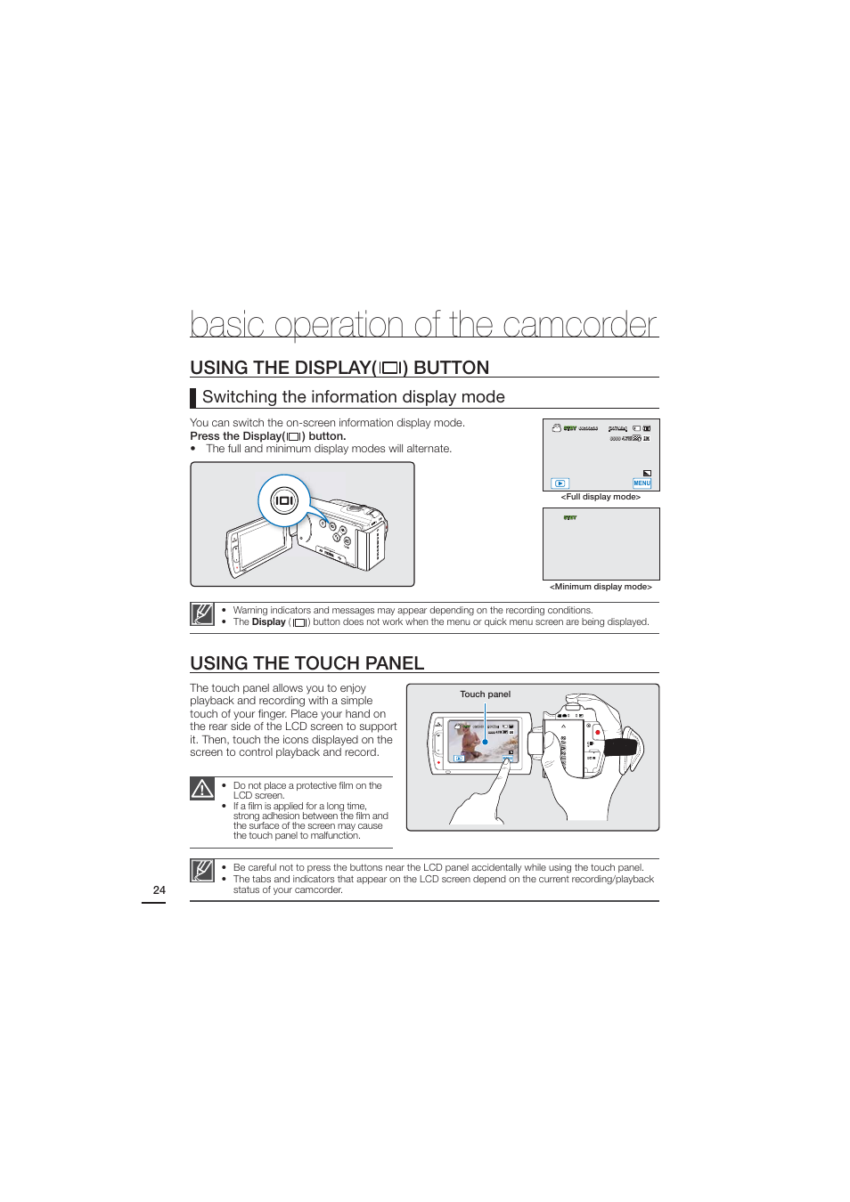 Using the display button, Using the touch panel, Basic operation of the camcorder | Using the display( ) button, Switching the information display mode | Samsung HMX-H204BN User Manual | Page 36 / 145