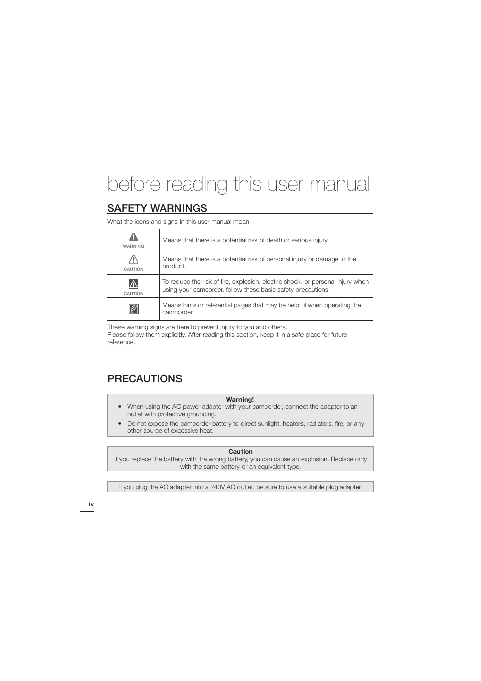 Before reading this user manual, Safety warnings, Precautions | Samsung HMX-H204BN User Manual | Page 4 / 145