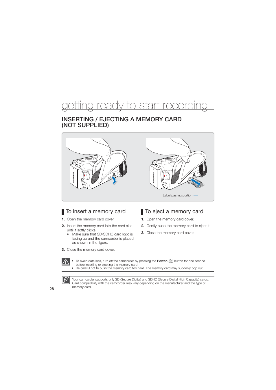 Inserting / ejecting a memory card(not supplied), Getting ready to start recording | Samsung HMX-H204BN User Manual | Page 40 / 145