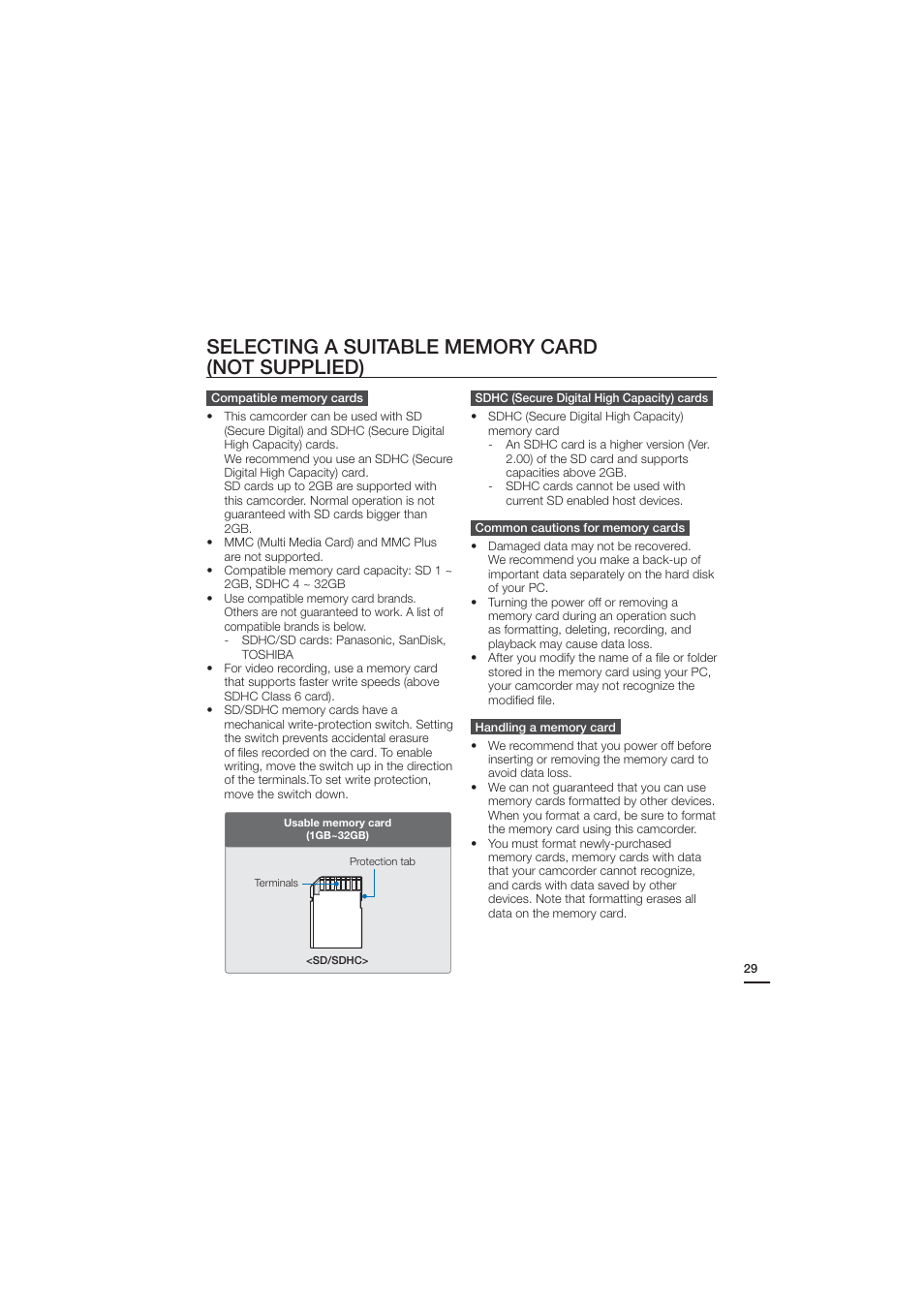 Selecting a suitable memory card(not supplied) | Samsung HMX-H204BN User Manual | Page 41 / 145