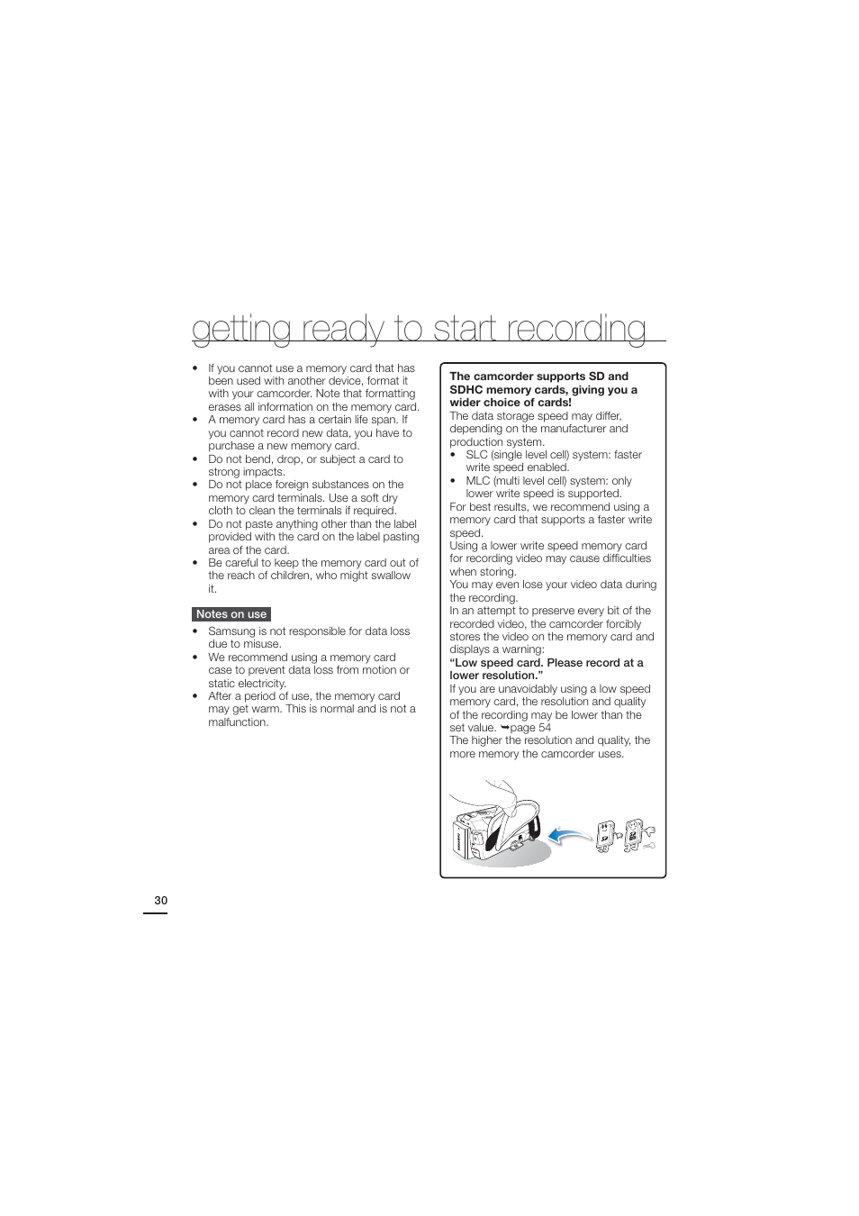 Getting ready to start recording | Samsung HMX-H204BN User Manual | Page 42 / 145