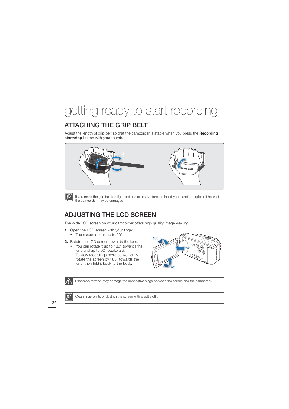 Attaching the grip belt, Adjusting the lcd screen, Getting ready to start recording | Samsung HMX-H204BN User Manual | Page 44 / 145