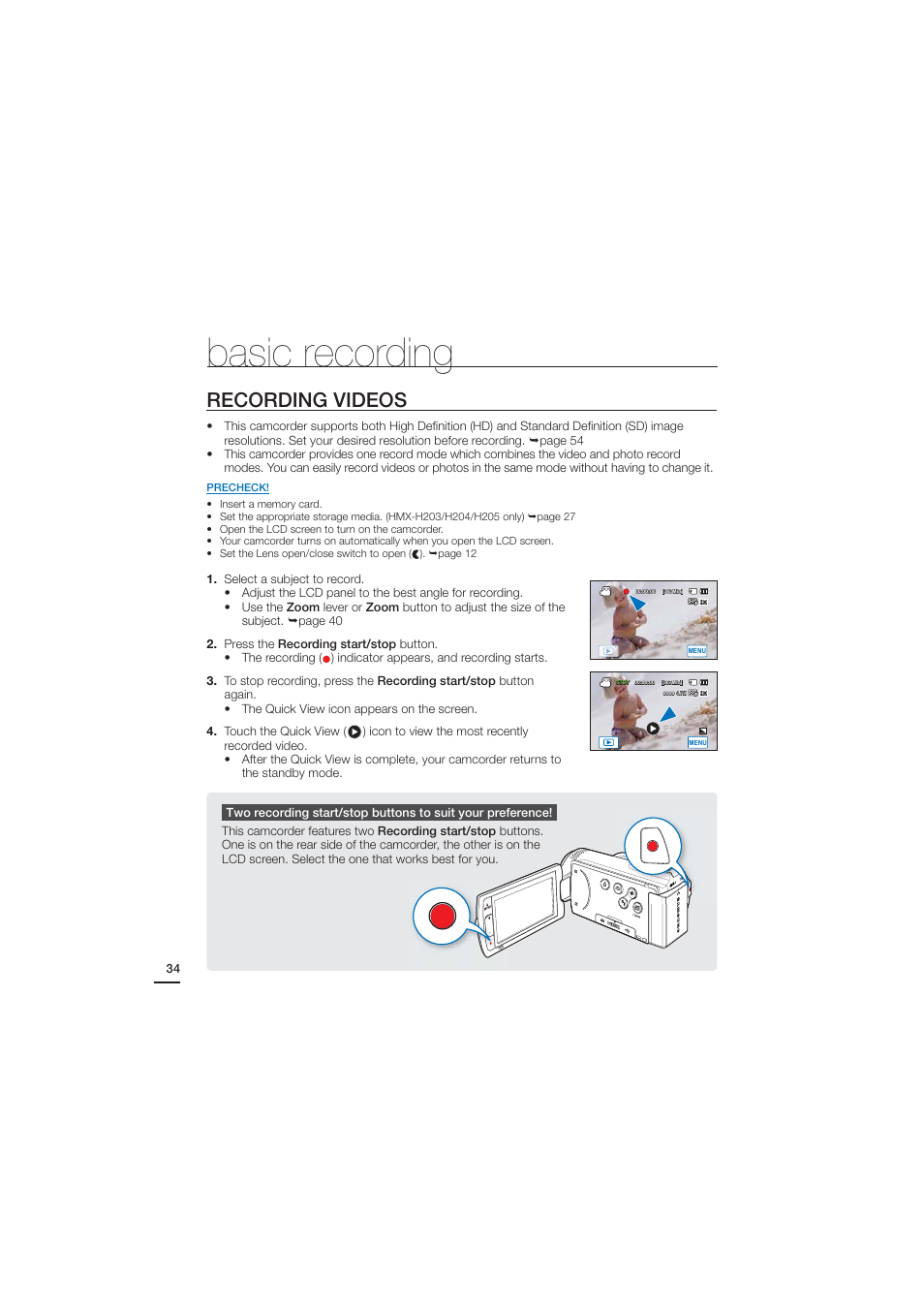 Basic recording, Recording videos | Samsung HMX-H204BN User Manual | Page 46 / 145