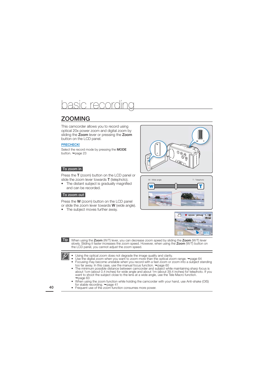 Zooming, Basic recording | Samsung HMX-H204BN User Manual | Page 52 / 145