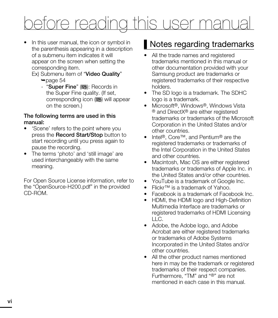 Before reading this user manual | Samsung HMX-H204BN User Manual | Page 6 / 145