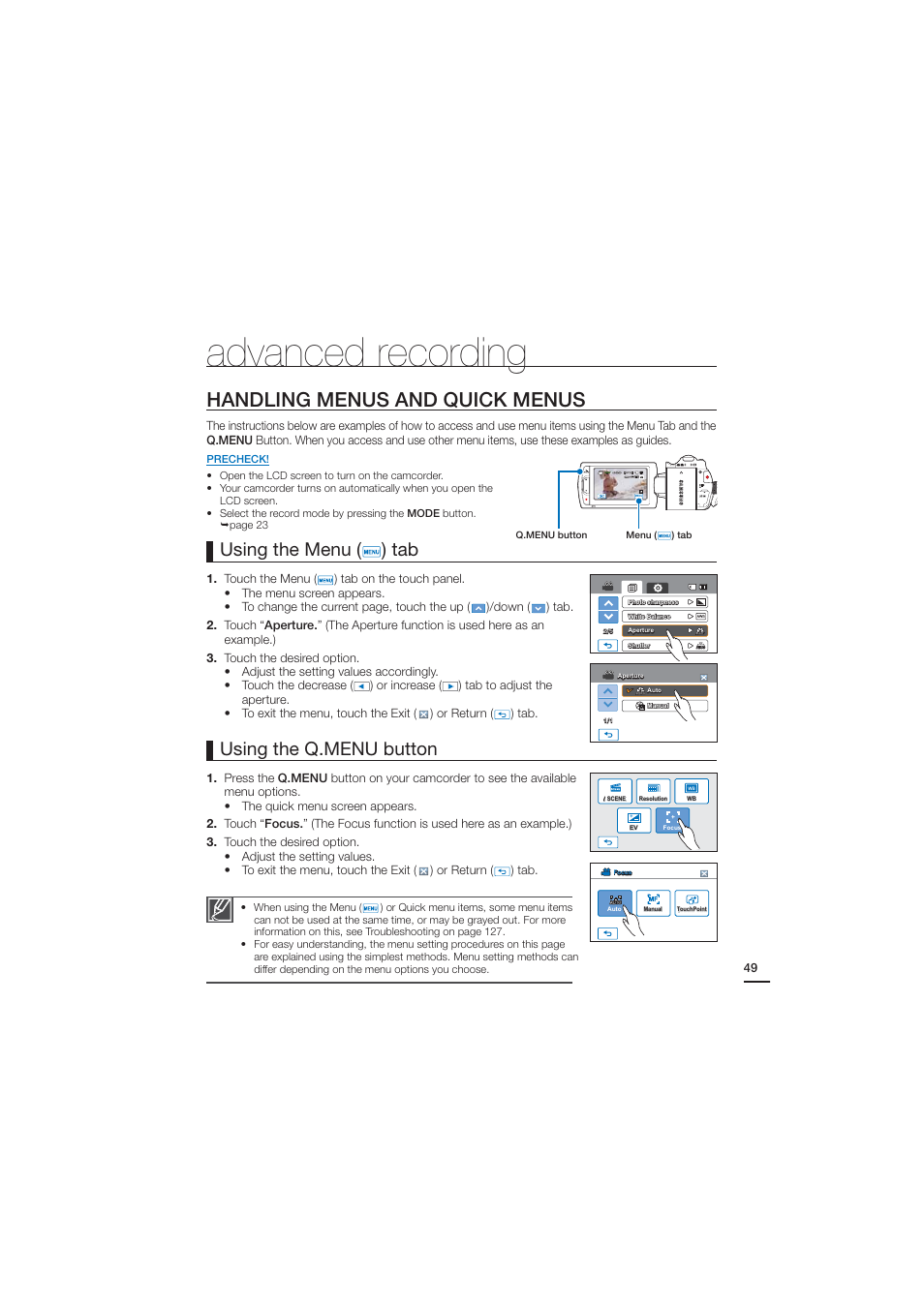 Advanced recording, Handling menus and quick menus, Using the menu ( ) tab | Using the q.menu button | Samsung HMX-H204BN User Manual | Page 61 / 145