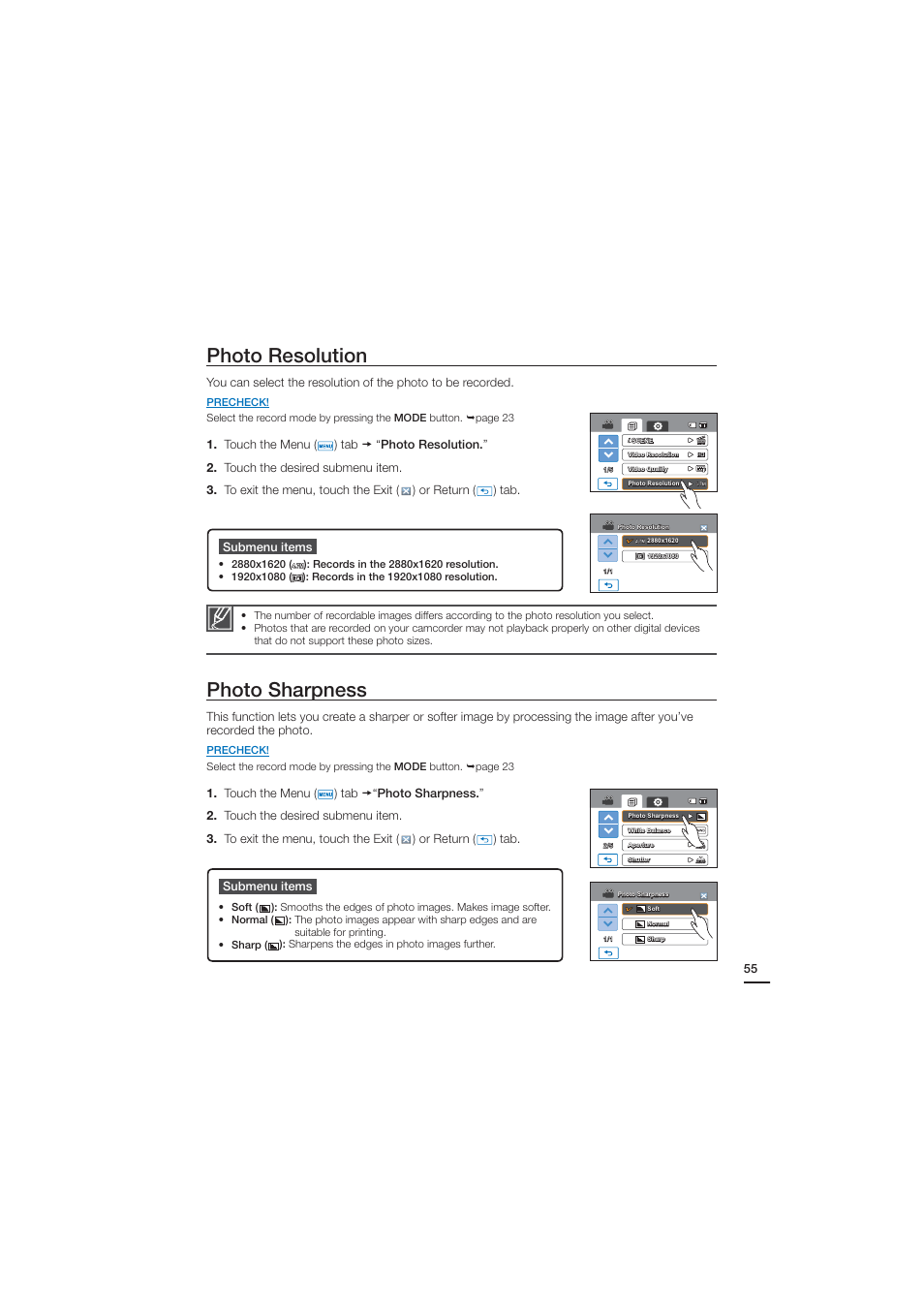 Photo resolution, Photo sharpness | Samsung HMX-H204BN User Manual | Page 67 / 145