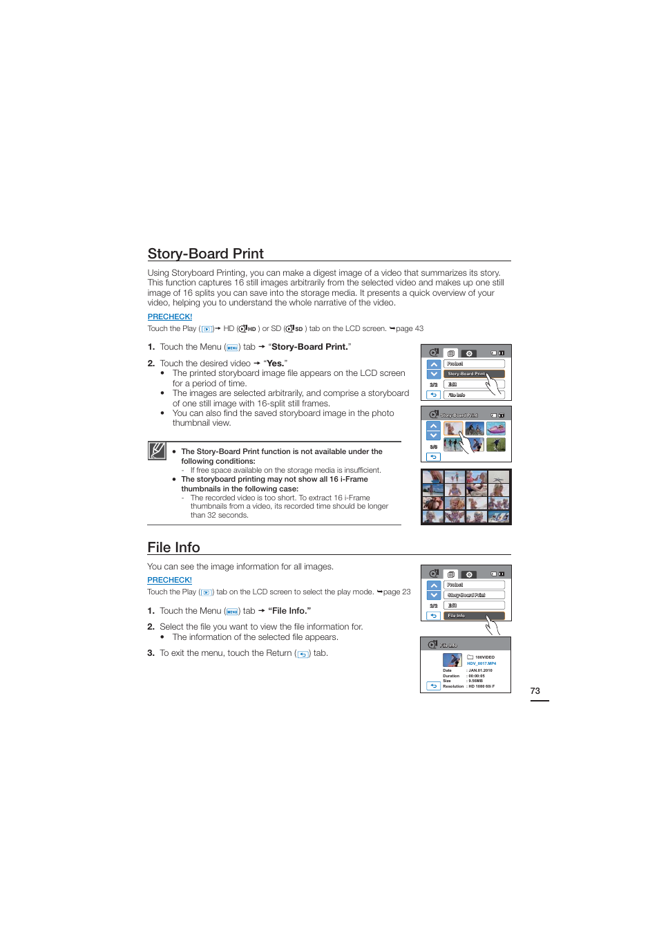 Story-board print, File info | Samsung HMX-H204BN User Manual | Page 85 / 145