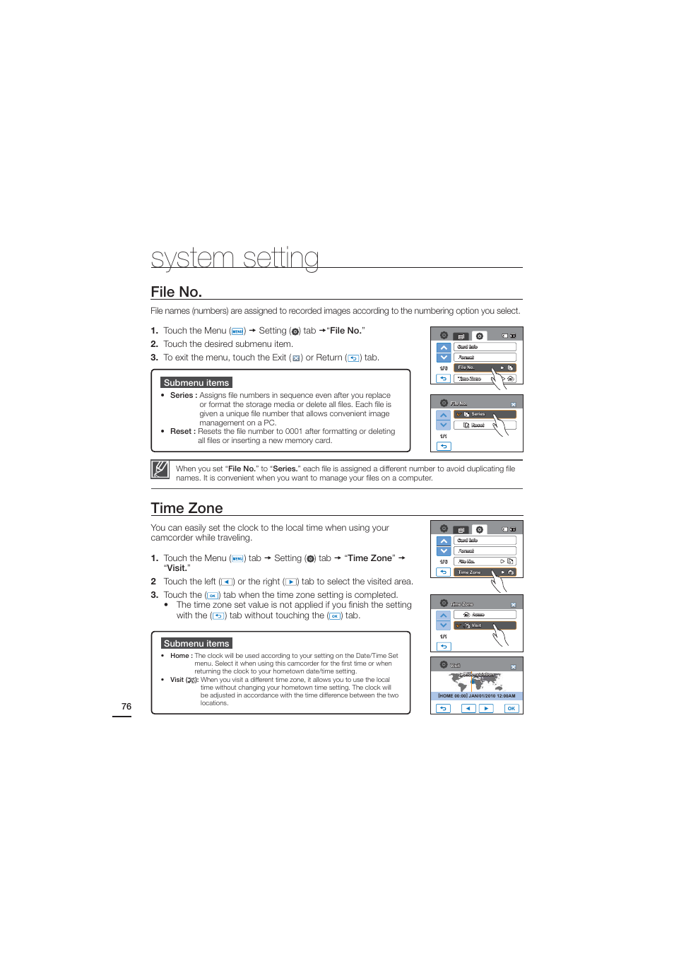 File no, Time zone, System setting | Jmf/p | Samsung HMX-H204BN User Manual | Page 88 / 145
