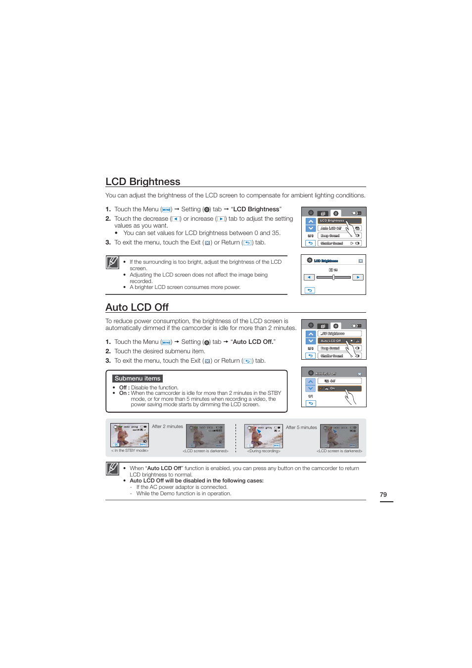 Lcd brightness, Auto lcd off | Samsung HMX-H204BN User Manual | Page 91 / 145