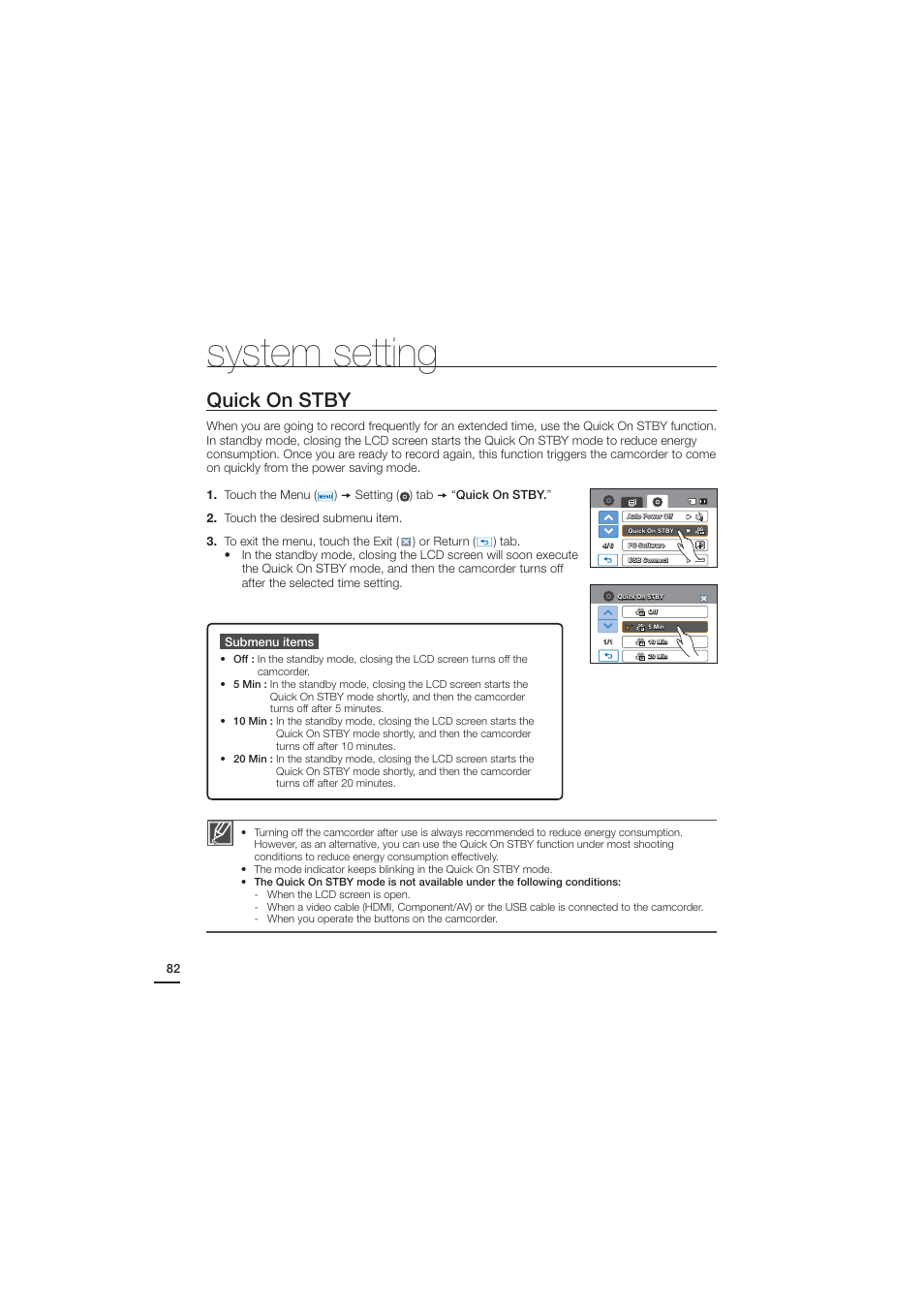 Quick on stby, System setting | Samsung HMX-H204BN User Manual | Page 94 / 145