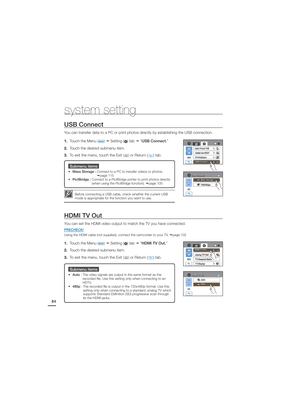 Usb connect, Hdmi tv out, System setting | Samsung HMX-H204BN User Manual | Page 96 / 145