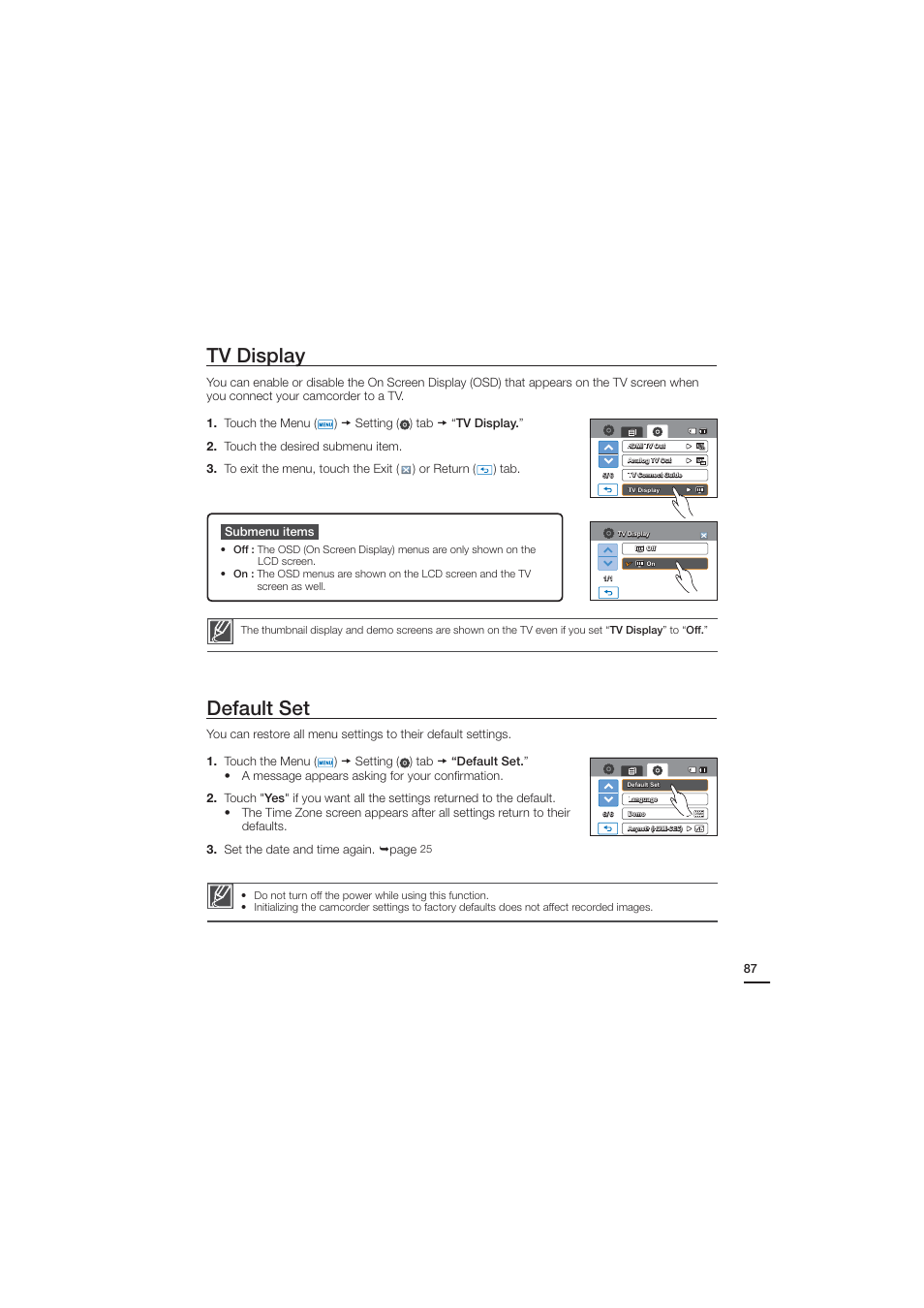 Tv display, Default set | Samsung HMX-H204BN User Manual | Page 99 / 145