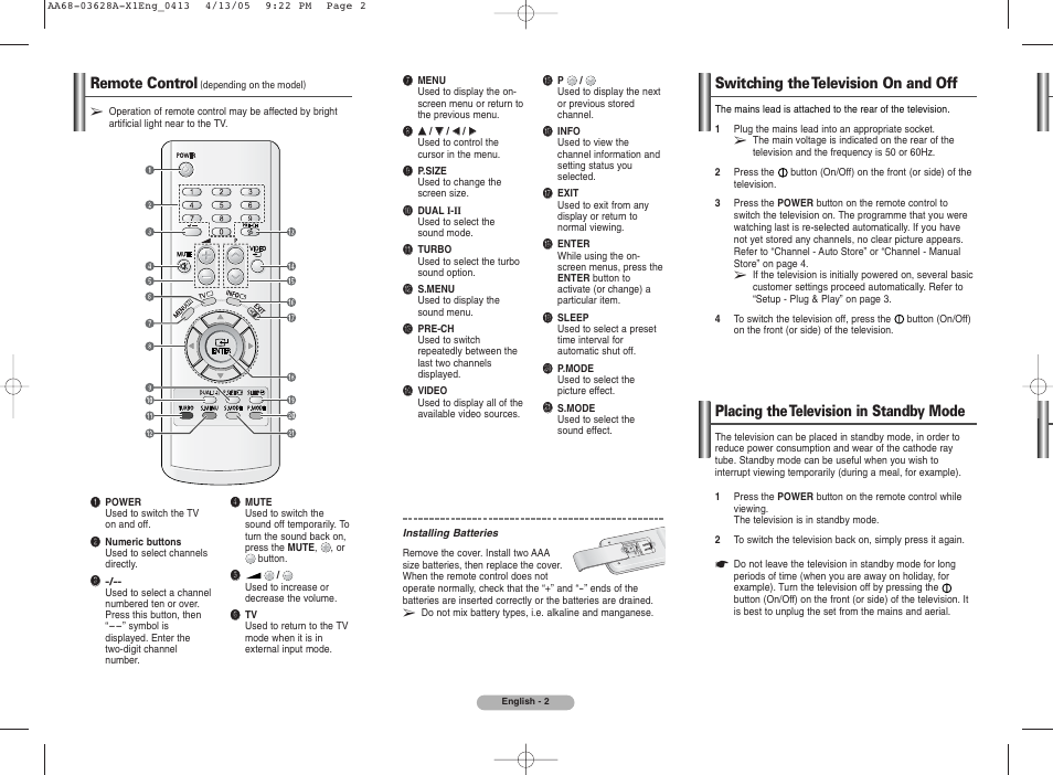 Remote control, Switching the television on and off, Placing the television in standby mode | Samsung CS29A7 User Manual | Page 2 / 8