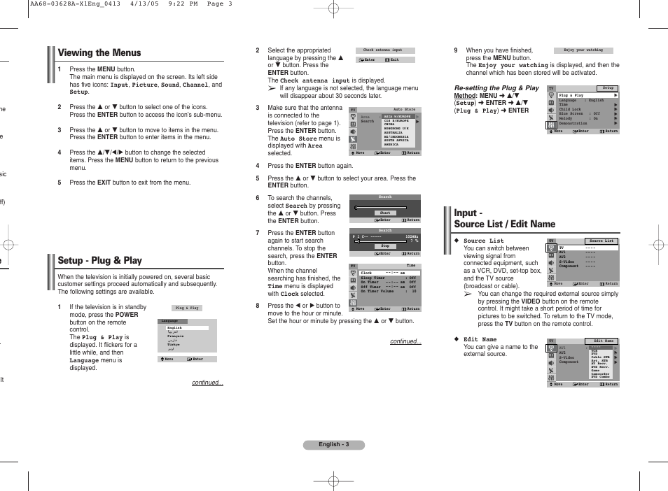 Viewing the menus, Setup - plug & play, Input - source list / edit name | Samsung CS29A7 User Manual | Page 3 / 8