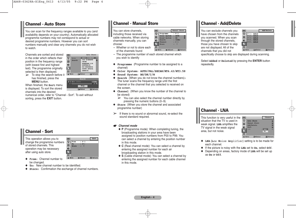 Channel - auto store, Channel - sort, Channel - manual store | Channel - add/delete, Channel - lna | Samsung CS29A7 User Manual | Page 4 / 8