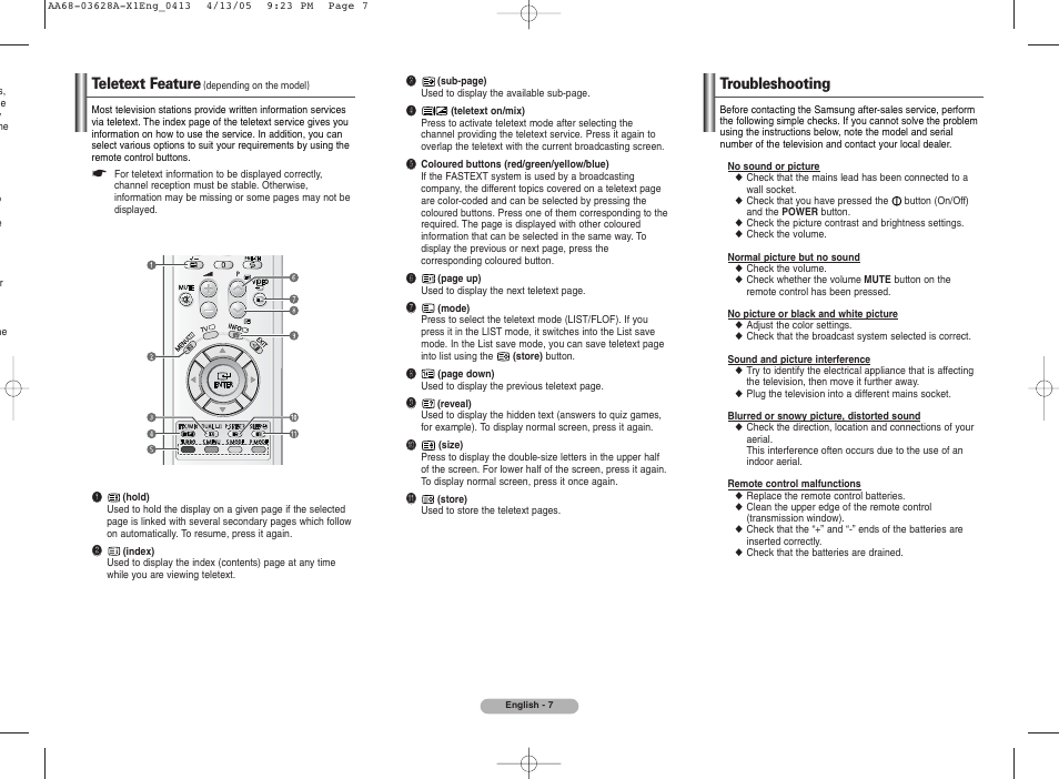Teletext feature, Troubleshooting | Samsung CS29A7 User Manual | Page 7 / 8
