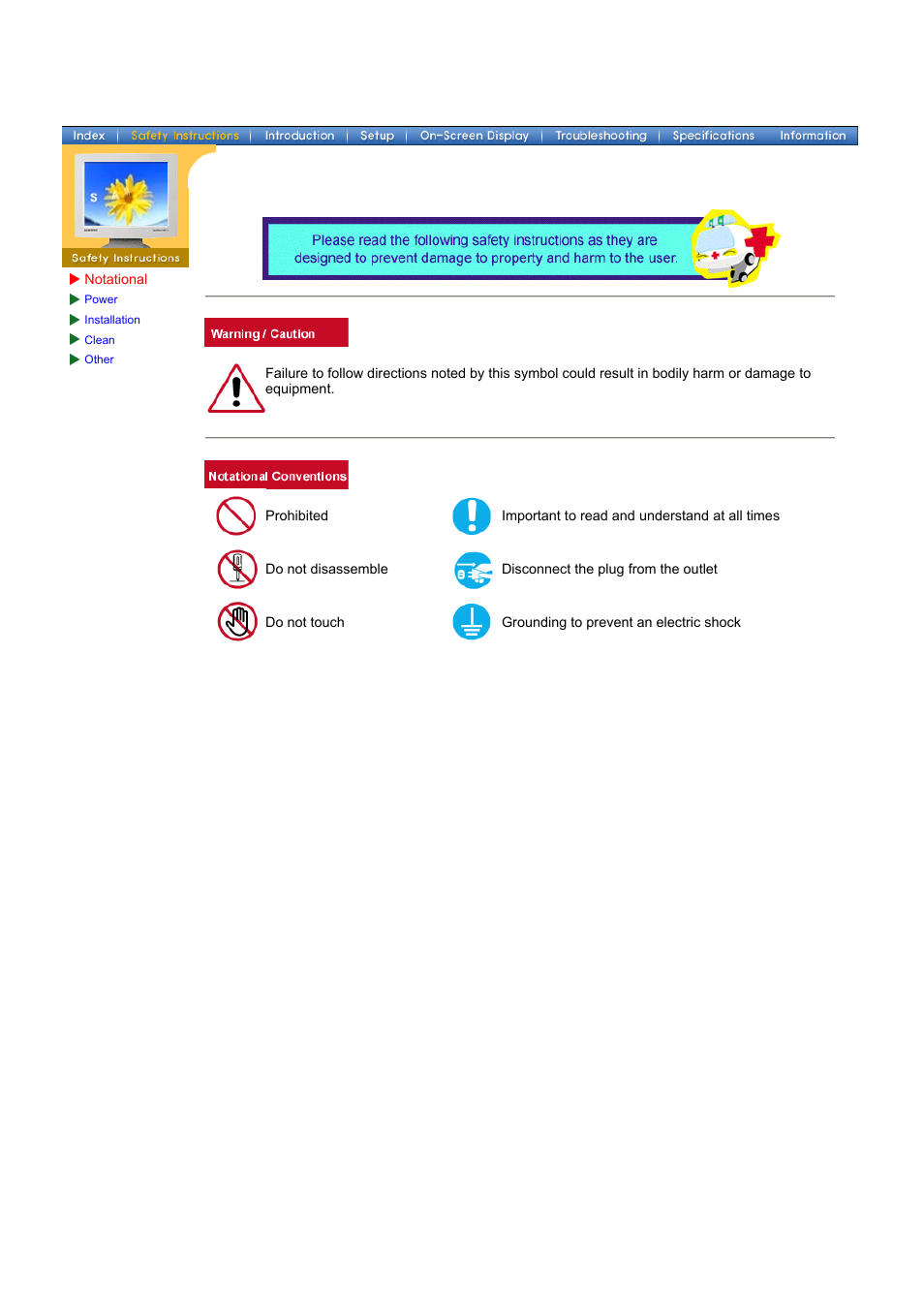 Safety instructions, Notational | Samsung 172x User Manual | Page 3 / 69