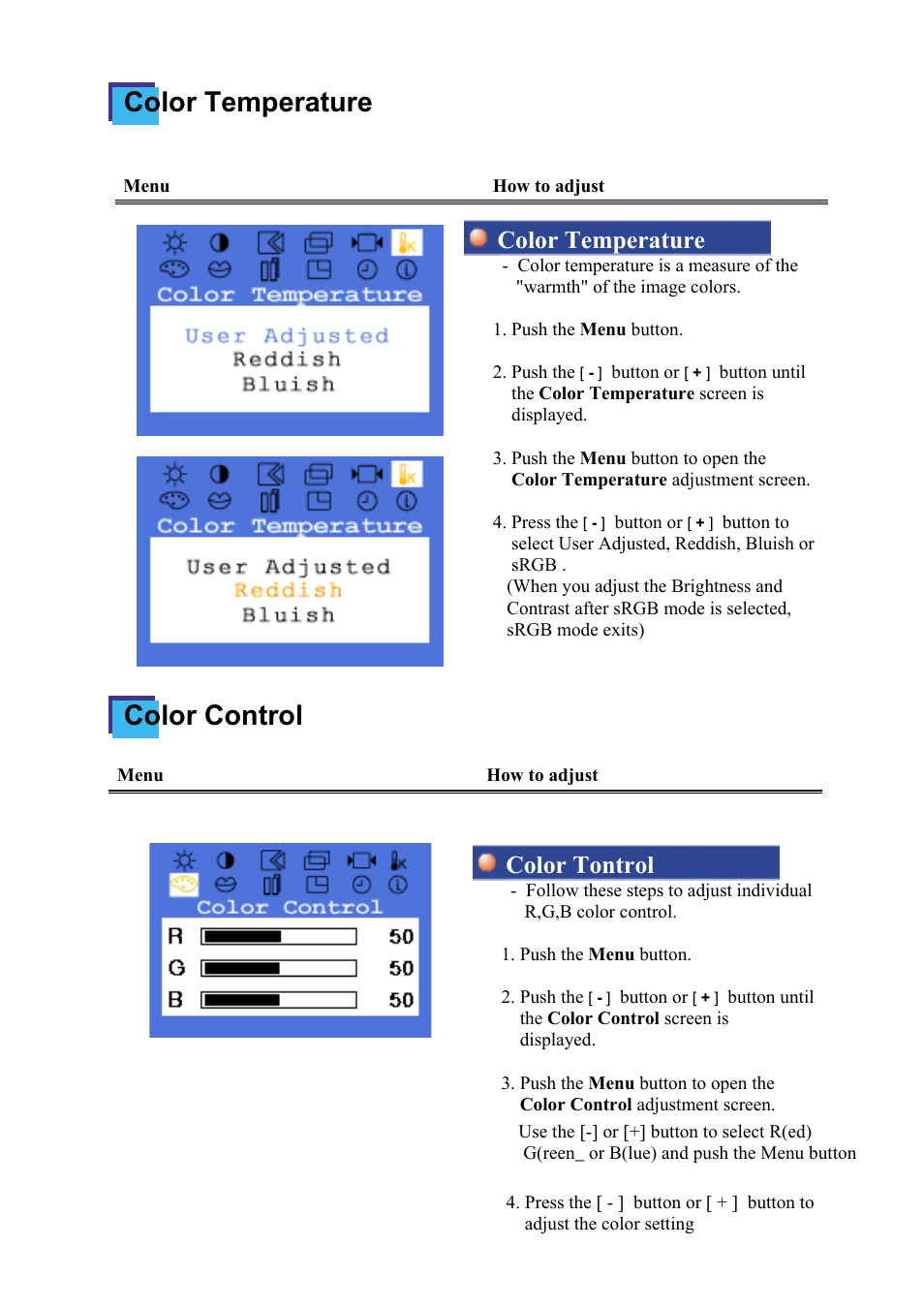 Color control, Color temperature, Color tontrol | Samsung 172x User Manual | Page 35 / 69