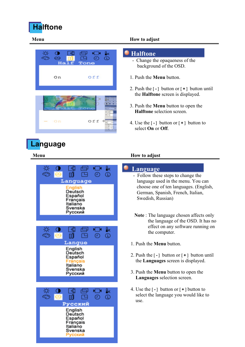 Halftone language, Halftone, Language | Samsung 172x User Manual | Page 36 / 69