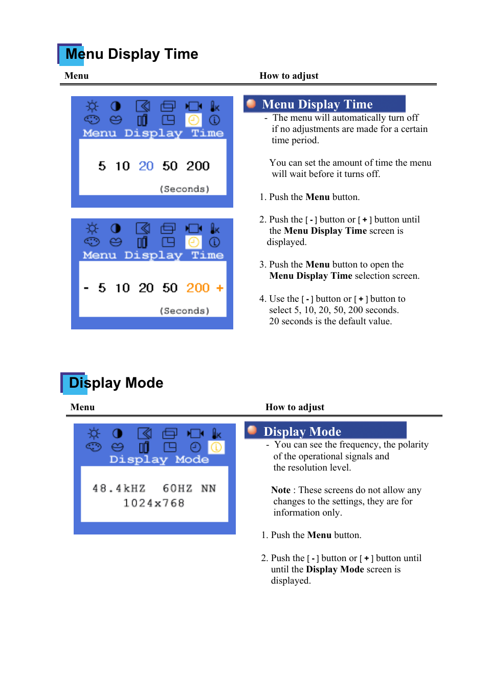 Menu display time display mode, Menu display time, Display mode | Samsung 172x User Manual | Page 38 / 69