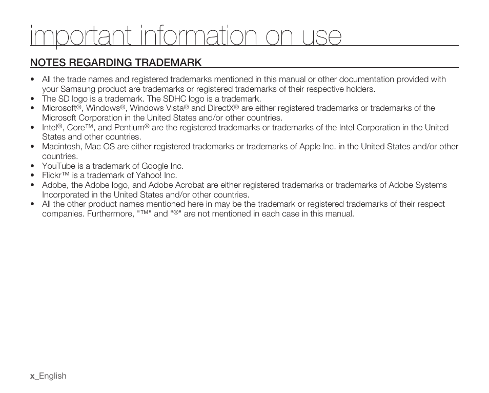 Notes regarding trademark, Important information on use | Samsung HMX-U100 User Manual | Page 10 / 102