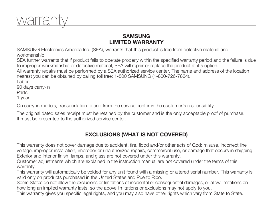 Warranty | Samsung HMX-U100 User Manual | Page 101 / 102