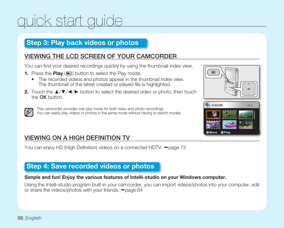 Viewing the lcd screen of your camcorder, Viewing on a high definition tv, Quick start guide | Samsung HMX-U100 User Manual | Page 20 / 102