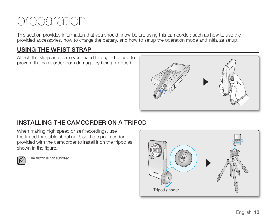 Preparation, Using the wrist strap, Installing the camcorder on a tripod | Samsung HMX-U100 User Manual | Page 25 / 102