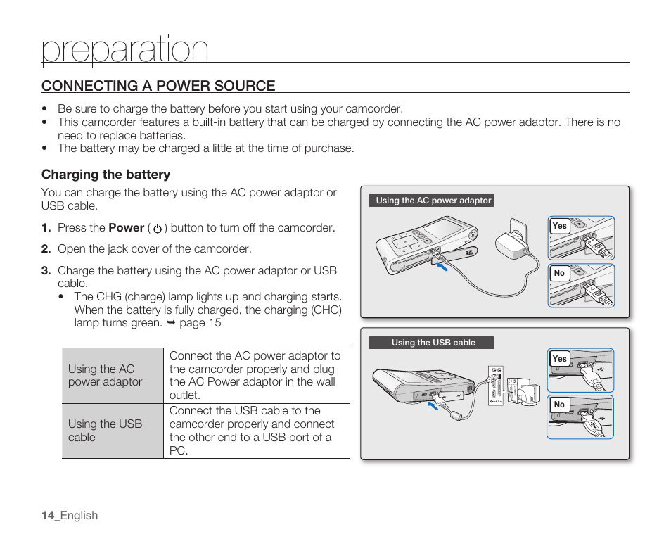 Connecting a power source, Preparation | Samsung HMX-U100 User Manual | Page 26 / 102