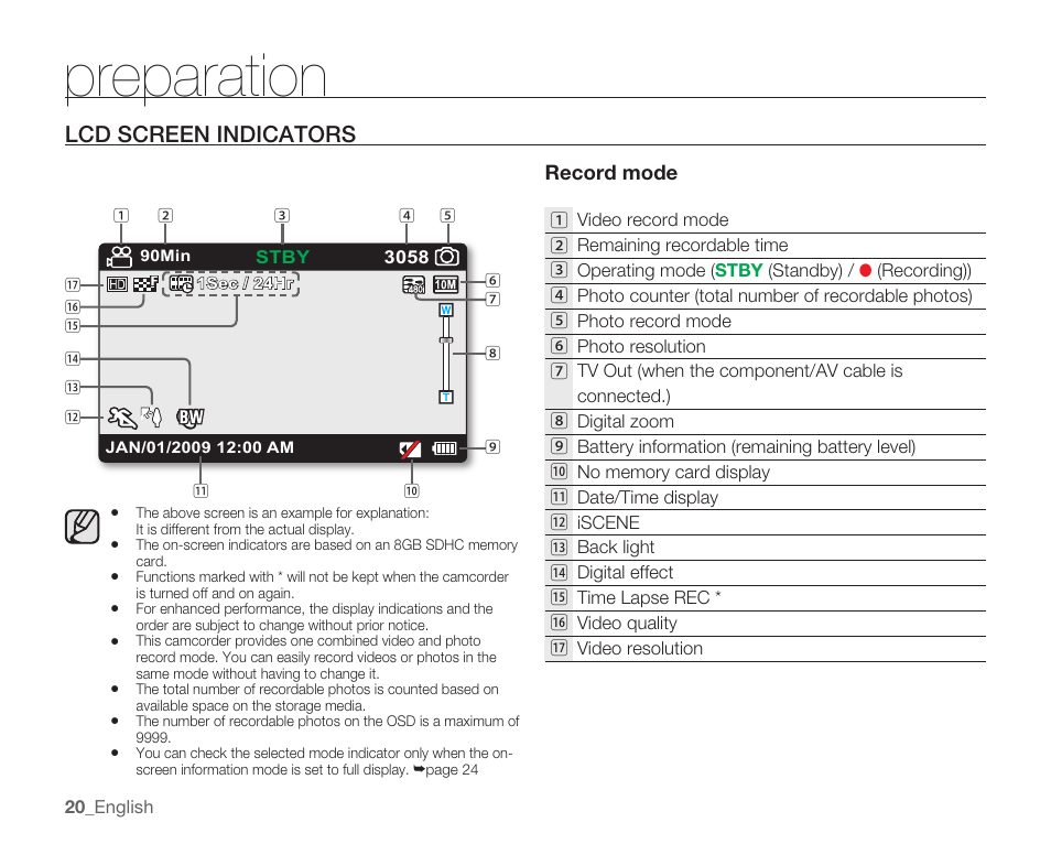 Lcd screen indicators, Preparation | Samsung HMX-U100 User Manual | Page 32 / 102