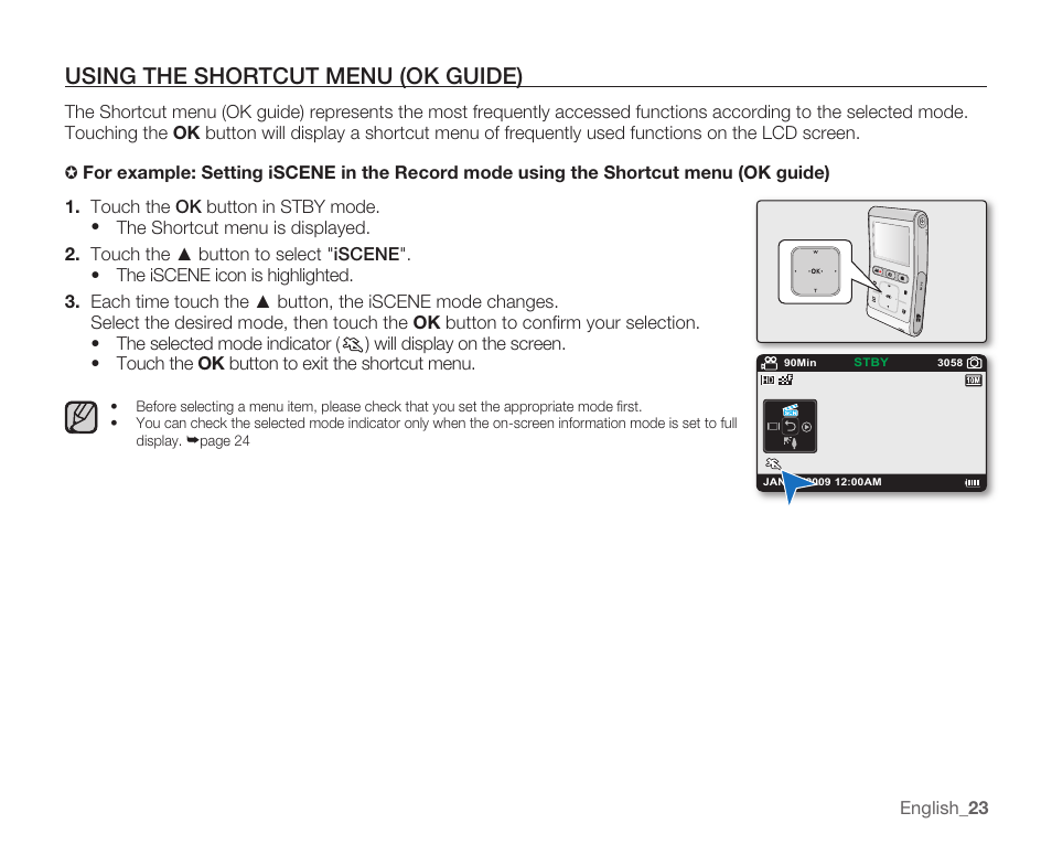 Using the shortcut menu (ok guide) | Samsung HMX-U100 User Manual | Page 35 / 102