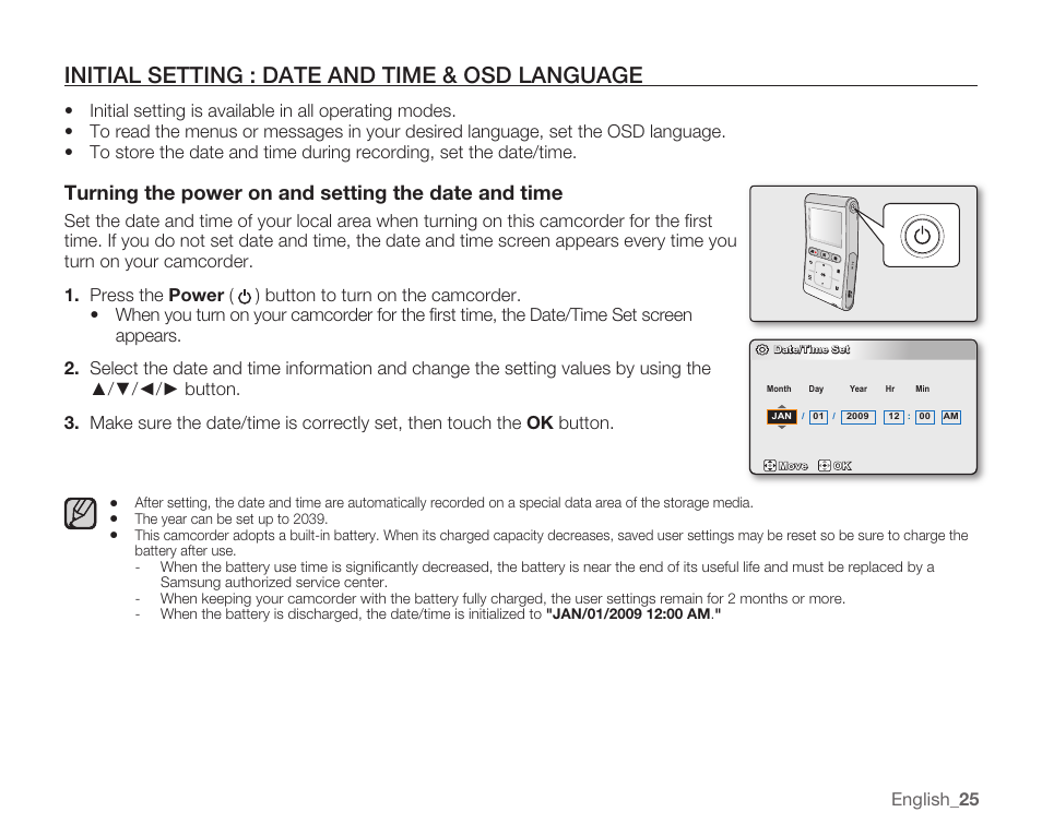 Initial setting : date and time & osd language, Turning the power on and setting the date and time | Samsung HMX-U100 User Manual | Page 37 / 102