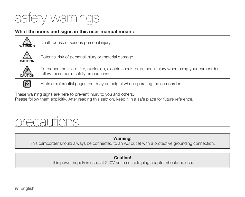 Safety warnings, Precautions | Samsung HMX-U100 User Manual | Page 4 / 102