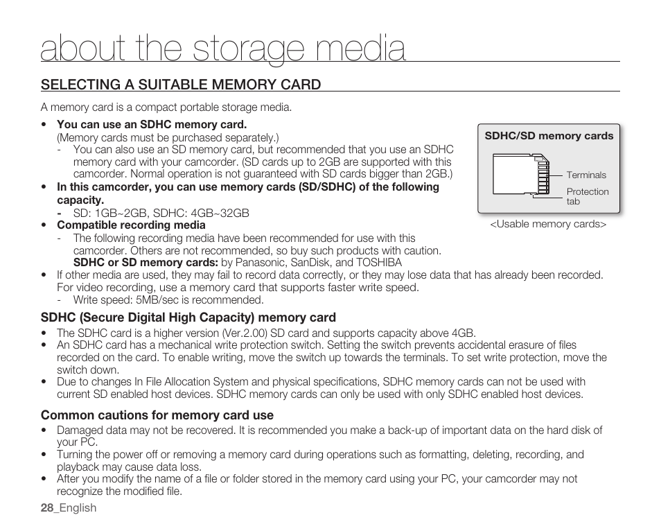 Selecting a suitable memory card, About the storage media | Samsung HMX-U100 User Manual | Page 40 / 102