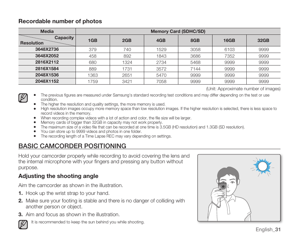 Basic camcorder positioning, Recordable number of photos, Adjusting the shooting angle | Samsung HMX-U100 User Manual | Page 43 / 102