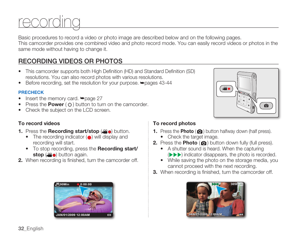 Recording, Recording videos or photos | Samsung HMX-U100 User Manual | Page 44 / 102